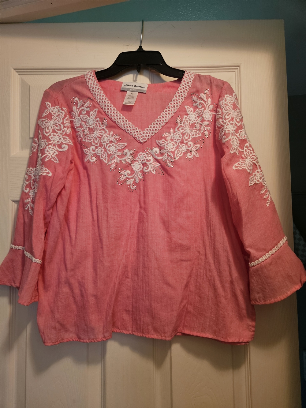 Alfred Dunner Coral-Pink V-Neck Tunic with White Embroidery